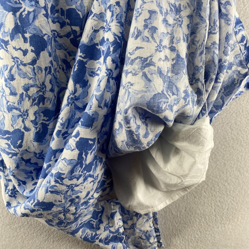 QUINCE Dress M Linen Scoop Neck Midi Sleeveless Floral Smocked Back Blue NEW - Picture 8 of 16